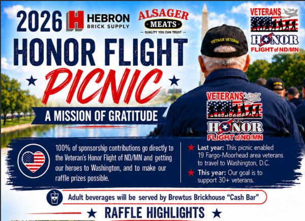 Honor Flight Picnic Benefit to be held at Hebron Brick Supply in Fargo, ND.